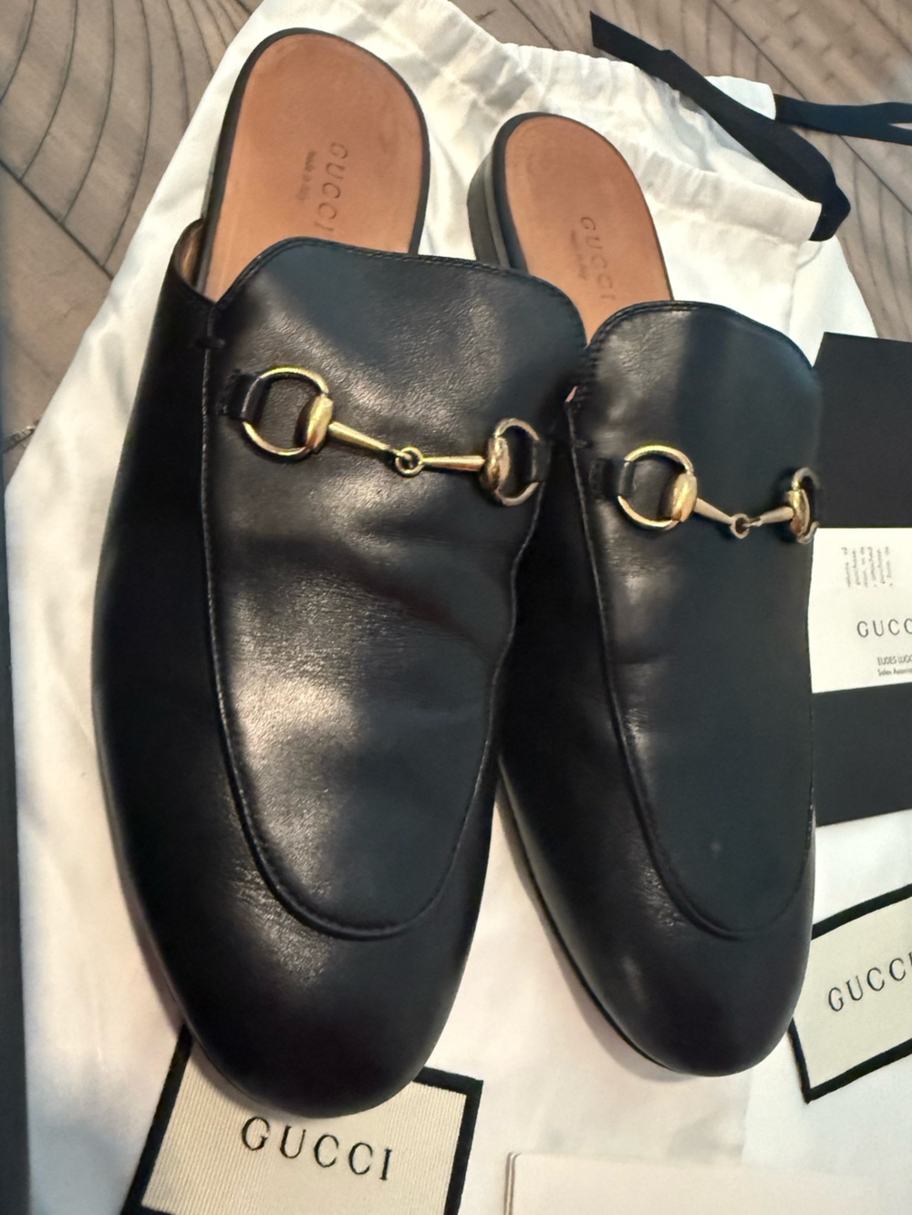 Gucci Black Leather Slip-On Mules with Gold Horsebit